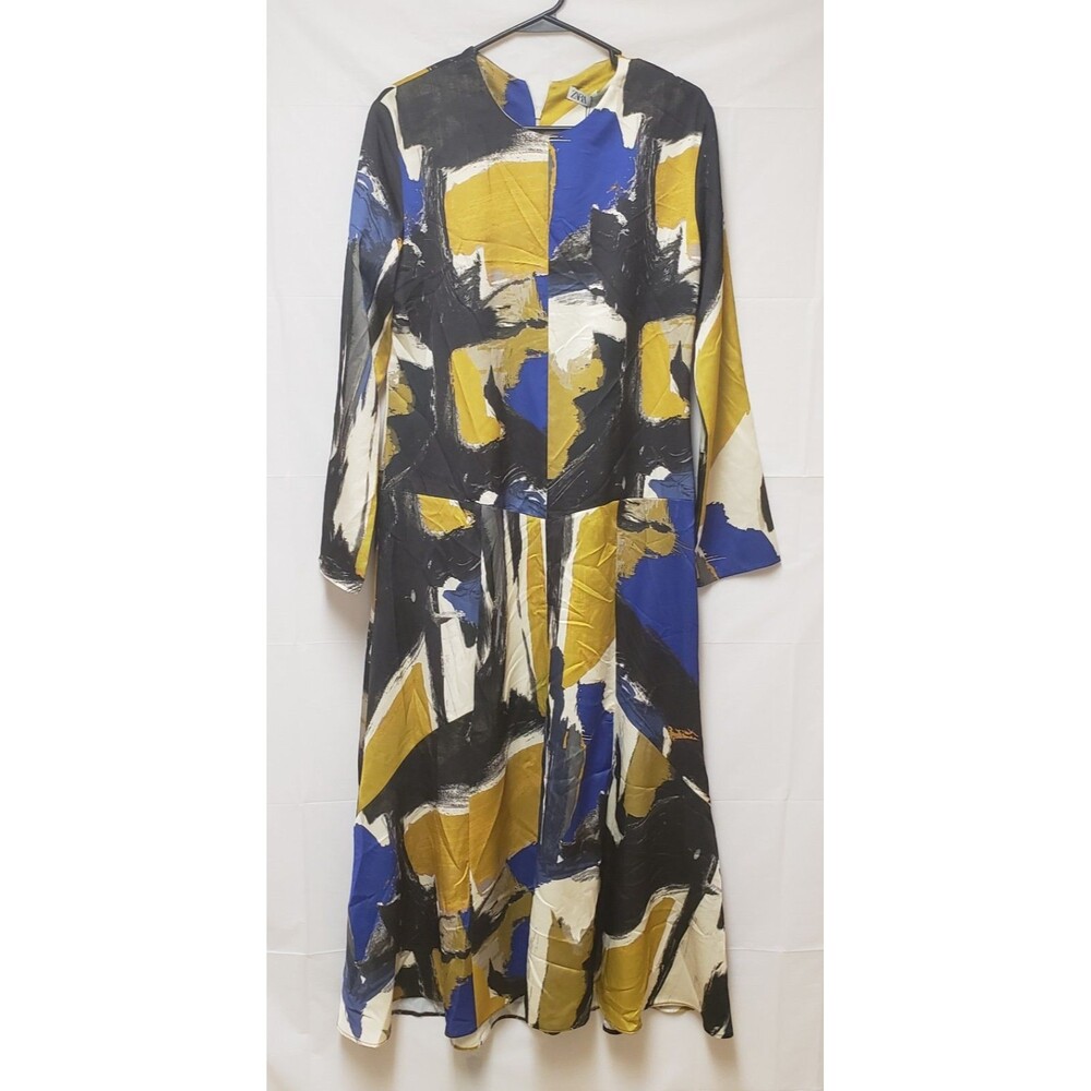 Zara Multicolor Abstract Maxi Dress Long Sleeve Fit & Flare Women’s M NWT